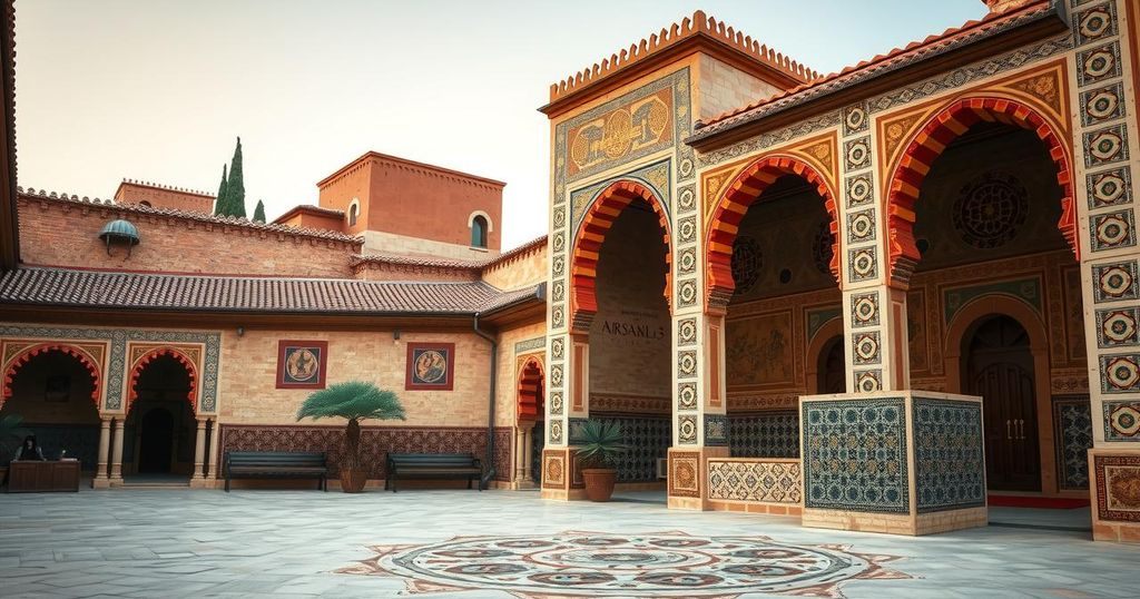 Elegant Moroccan landscape featuring historic architecture with rich colors and traditional patterns.