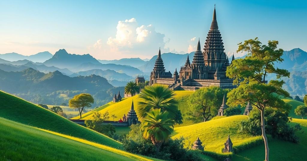 Scenic view of the Cambodia-Thailand border with lush greenery and ancient temples, representing peace and resolution.