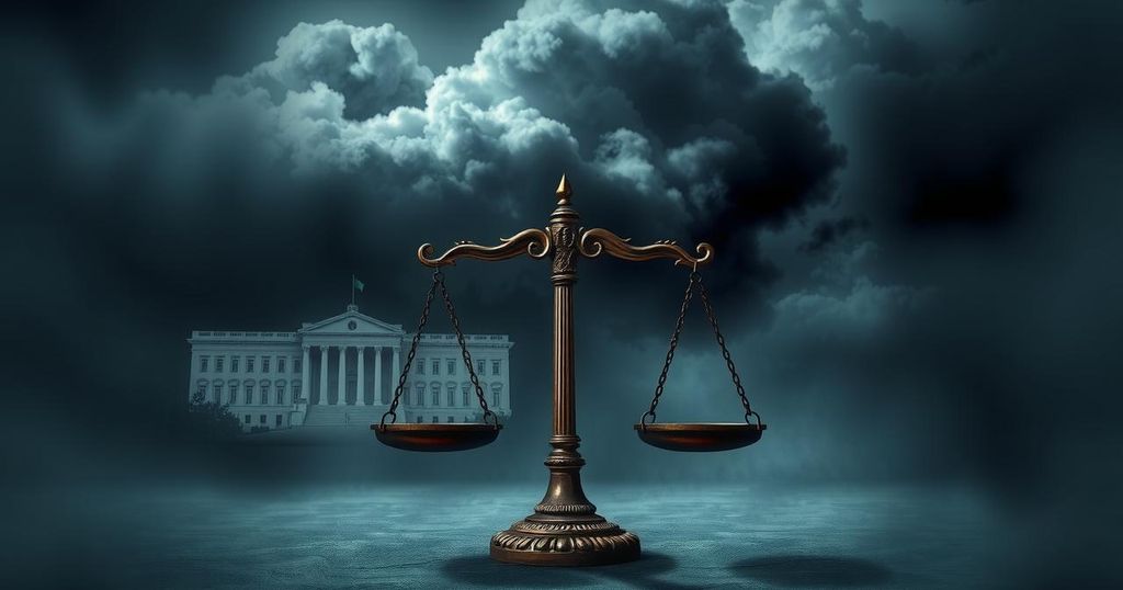 A symbolic representation of democracy eroding in Nigeria, featuring cracked scales of justice and dark clouds.