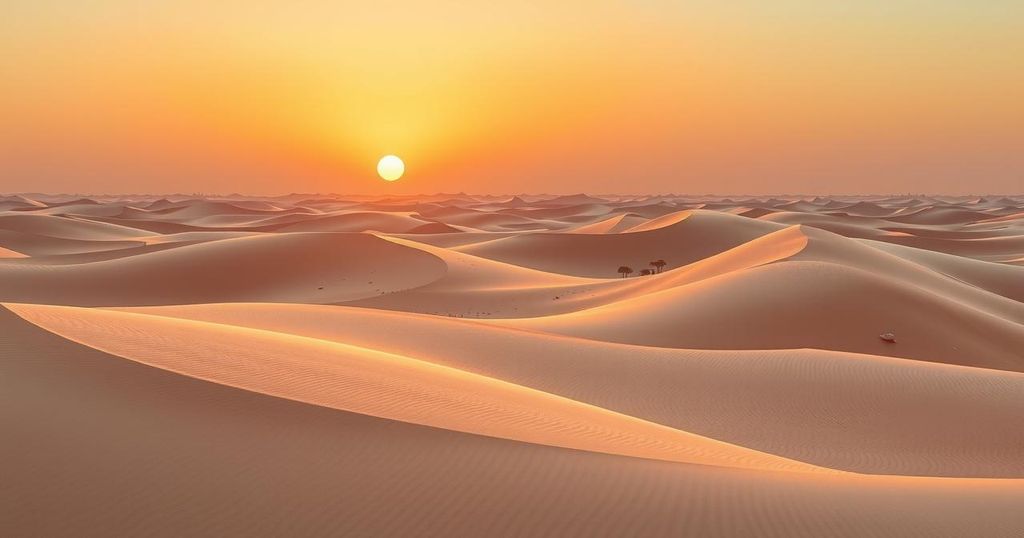 A serene landscape depicting a peaceful desert scene with a setting sun and gently rolling sand dunes.