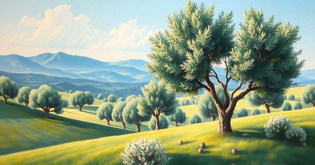 A serene landscape of olive trees under a blue sky with distant mountains, symbolizing hope for cooperation.