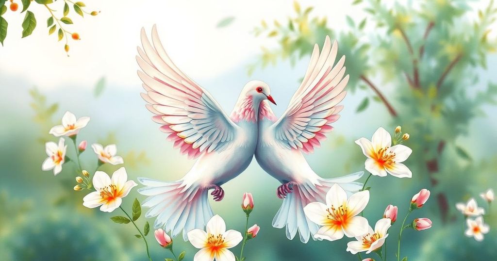 Symbolic handshake between doves representing peace and hope between regions, with soft pastel colors.