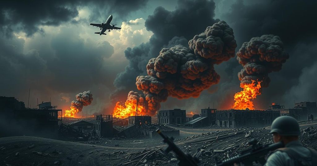 A desolate military landscape with destroyed structures, showcasing dark clouds and fire, conveying tension and conflict.