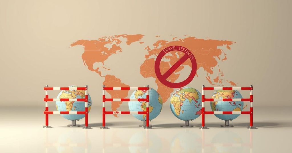 A symbolic representation of restricted travel, featuring barriers and globes in muted tones.