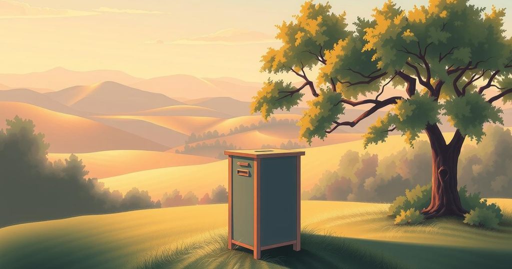 An illustration of a ballot box symbolizing democracy and elections, featuring warm tones and classic style.