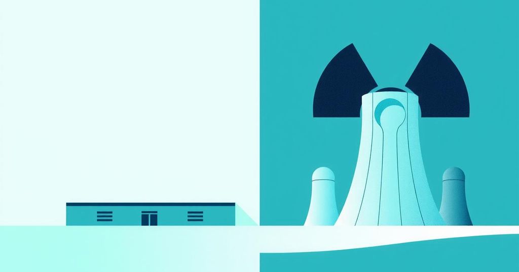 An abstract representation of diplomatic negotiations with symbolic elements of nuclear energy and peace.