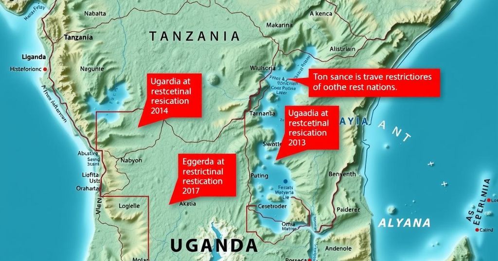 Map highlighting travel restrictions affecting Uganda and Tanzania from the United States.