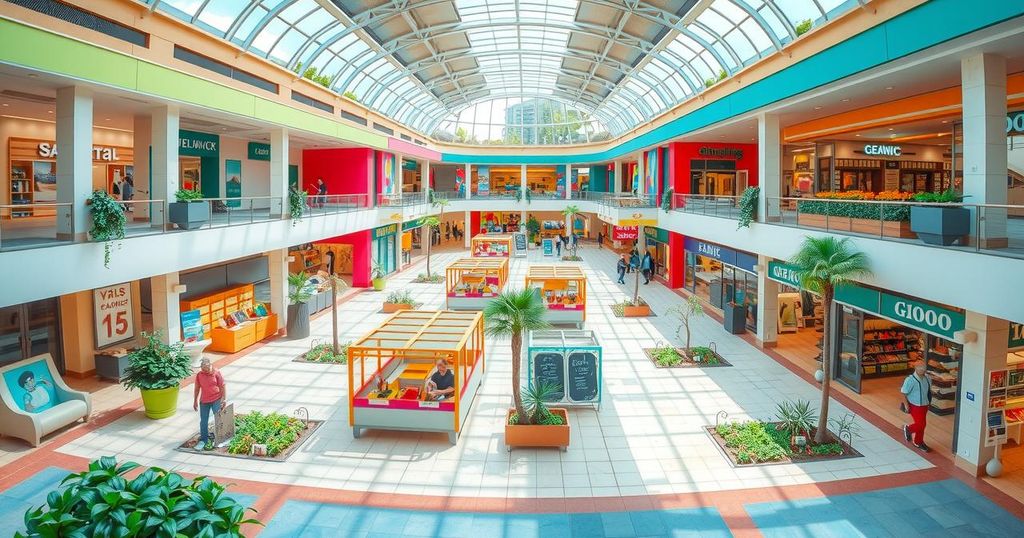 A vibrant shopping mall complex with diverse retail spaces, lush greenery, and modern architecture.