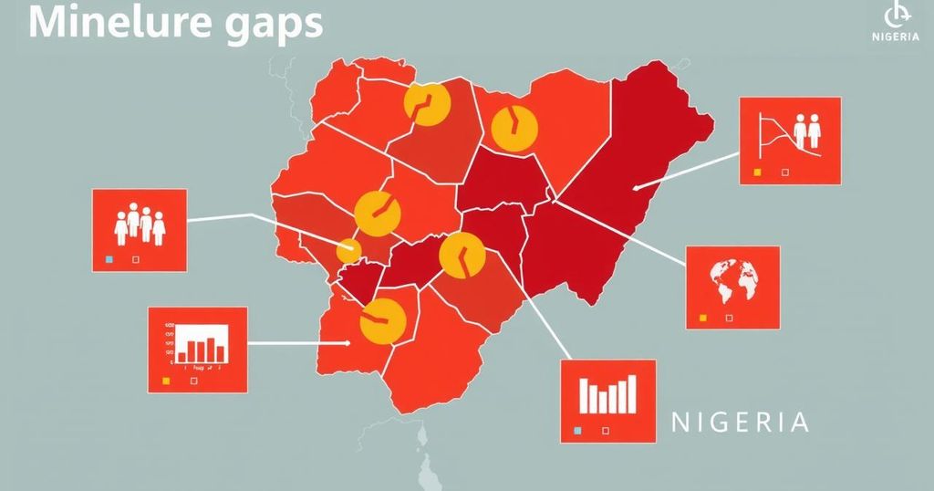 Illustration of a map showing Nigeria with symbolic representations of data gaps in disease reporting, in warm colors.