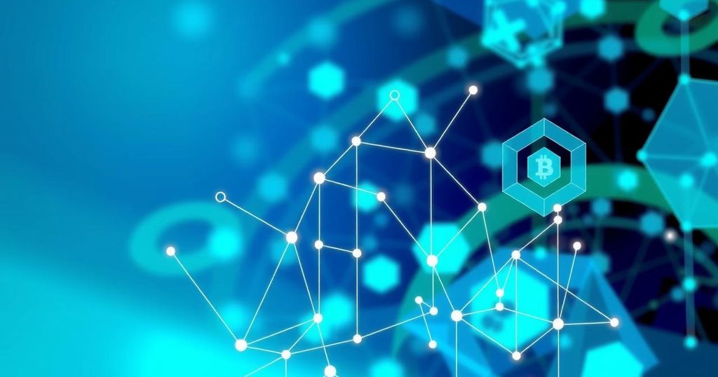 An abstract art piece symbolizing cryptocurrency innovation, featuring vibrant blue and green color schemes with geometric shapes.