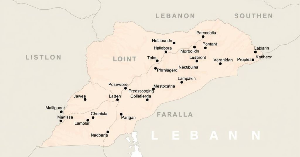 Map showing southern Lebanon with peacekeeping forces and highlighted border areas, designed in a soft color palette.