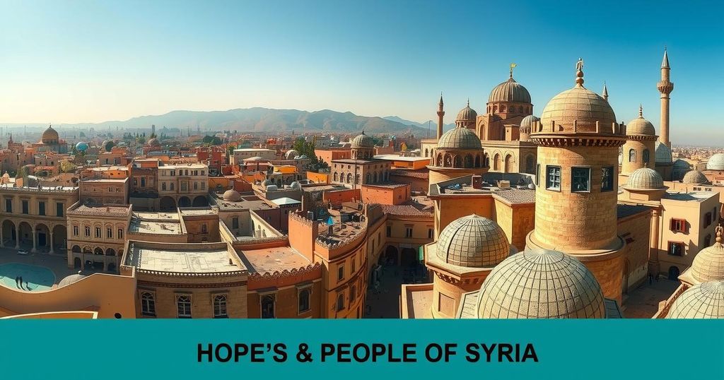A serene Damascus cityscape with ancient architecture under a bright sky, symbolizing hope and new beginnings.