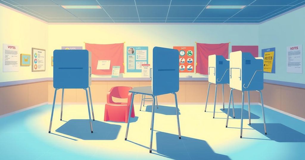 Polling place with voting booths and ballots during New Jersey primary election