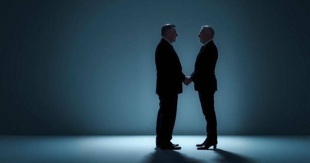 A tense conversation between two leaders represented by abstract figures, with shadows and muted colors, symbolizing geopolitics.