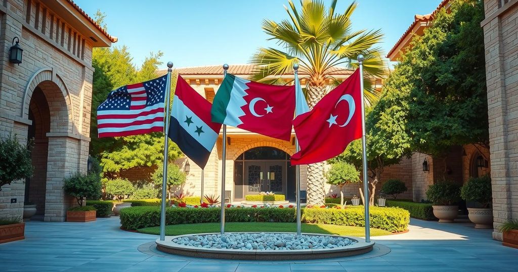 Illustration of a symbolic embassy with flags representing US, Syria, Qatar, and Turkey, showcasing diplomatic ties.