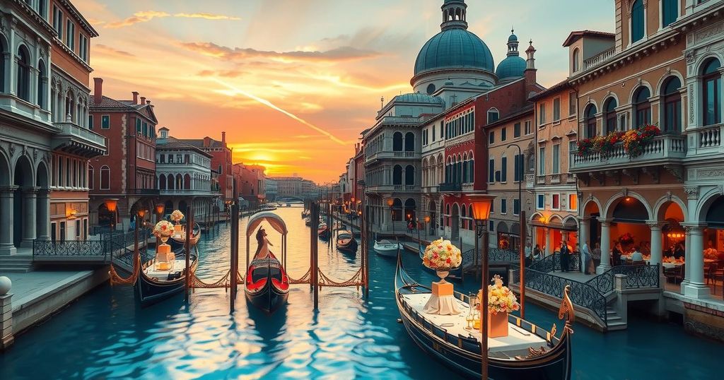 Elegant Venetian wedding with beautiful architecture and luxurious decor overlooking canals under a sunset sky.