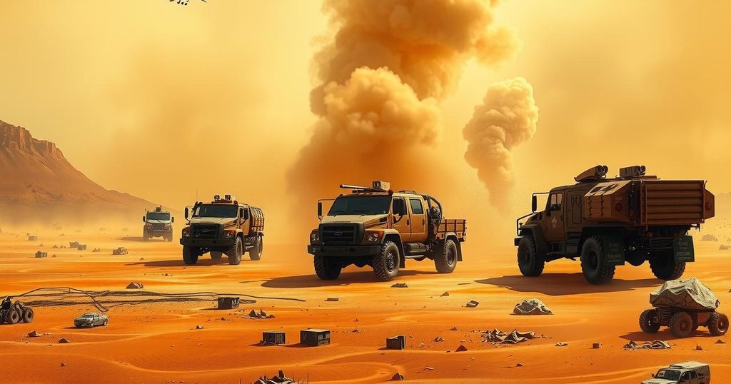 Desert landscape featuring military trucks amid a conflict scene, with smoke and intense colors depicting turmoil and tension.