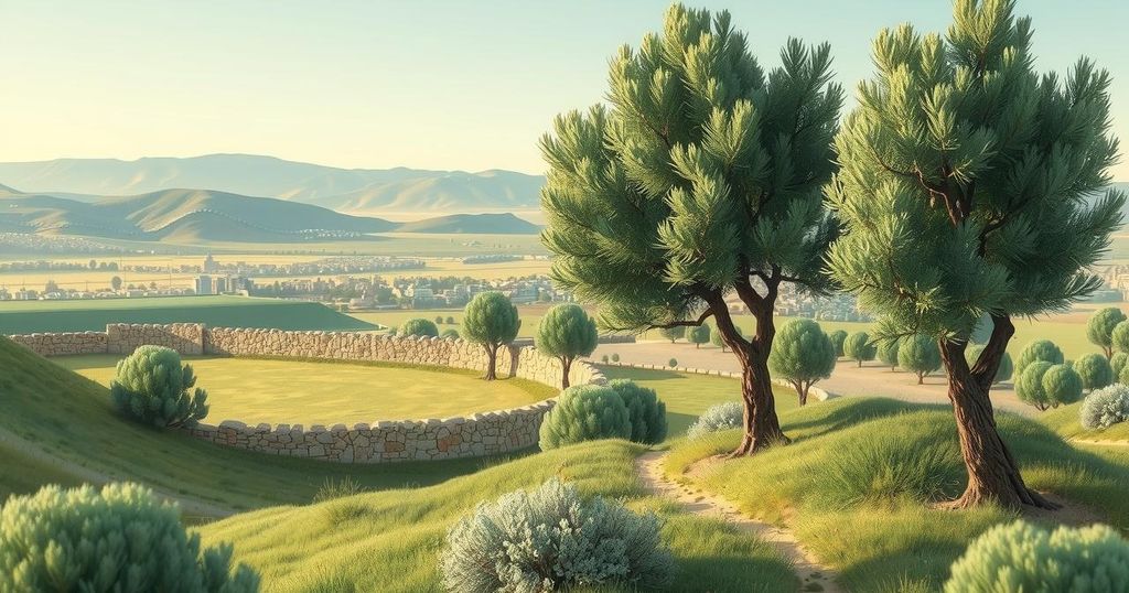 Symbolic depiction of peace and activism at a border with olive trees and peaceful motifs.