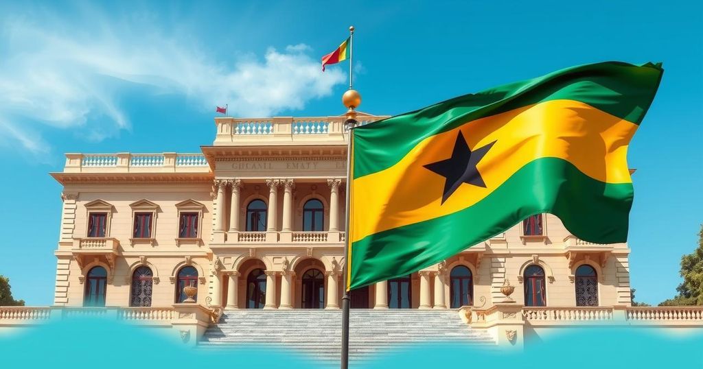 Ghana flag waving in front of a majestic embassy building, representing diplomatic unity and cultural engagement.
