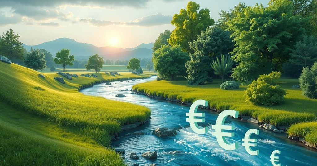 A conceptual representation of climate finance with symbolic elements of nature and currency, highlighting sustainability efforts.