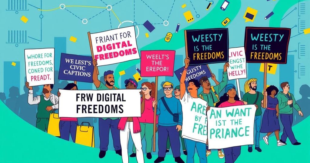 A digital rights protest scene with banners and signs emphasizing freedom and civic engagement in Kenya.