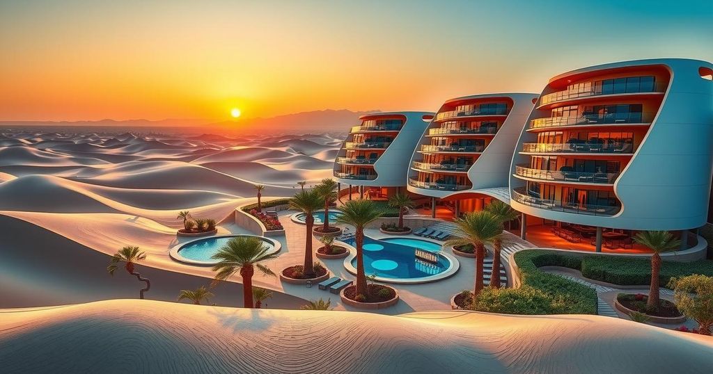 A vibrant desert landscape showcasing modern architecture, symbolizing innovative tourism in the UAE.