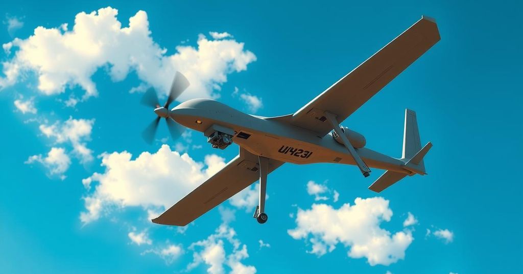 A Ukrainian drone in action amidst a dramatic sky, showcasing military technology with dynamic colors.