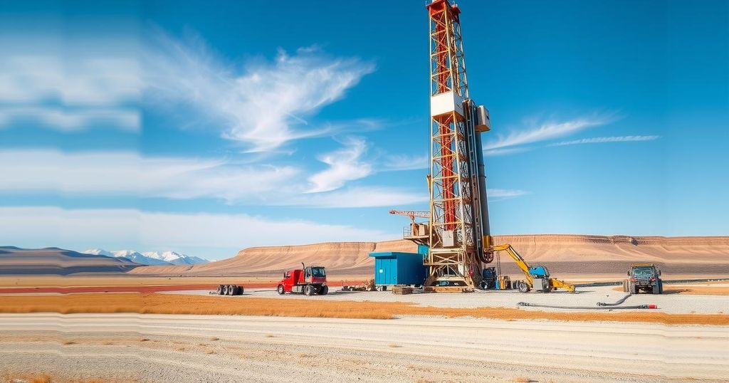 Drilling rig in a vast landscape under a bright sky, showcasing copper mineral exploration effort.