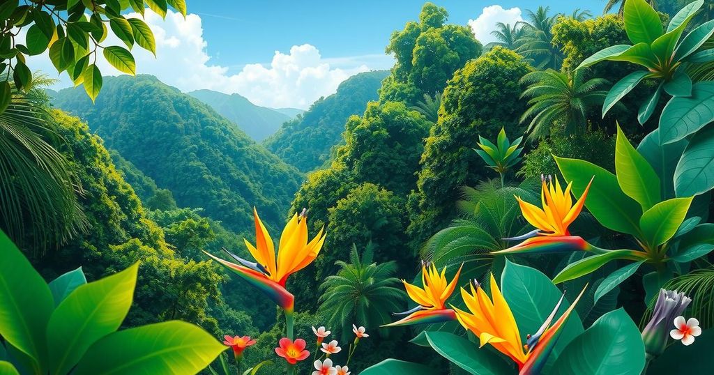 A serene view of Brazilian landscape with lush greenery and colorful flowers under a clear blue sky.