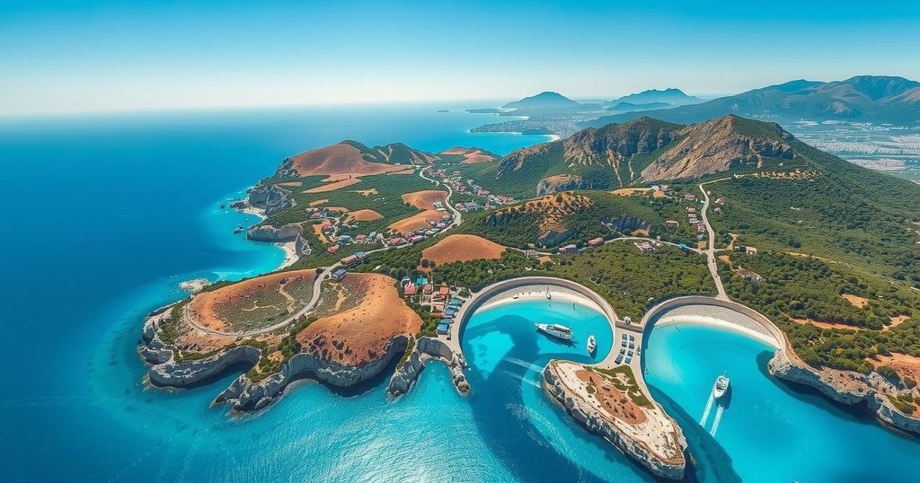Aerial view of the Mediterranean island of Cyprus, showcasing its coastlines and green landscapes during daytime.