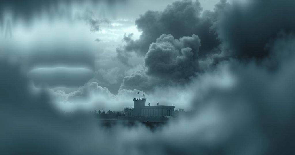 A somber landscape with dark clouds overhead and a distant prison, symbolizing uncertainty and confinement.