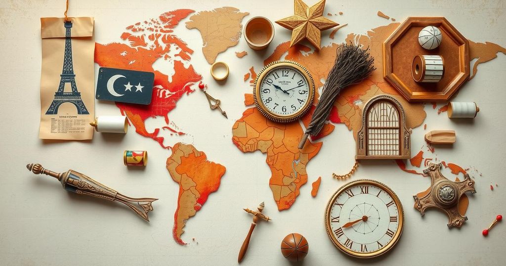 Abstract representation of international negotiations with symbolic elements like flags and maps in a muted color palette.