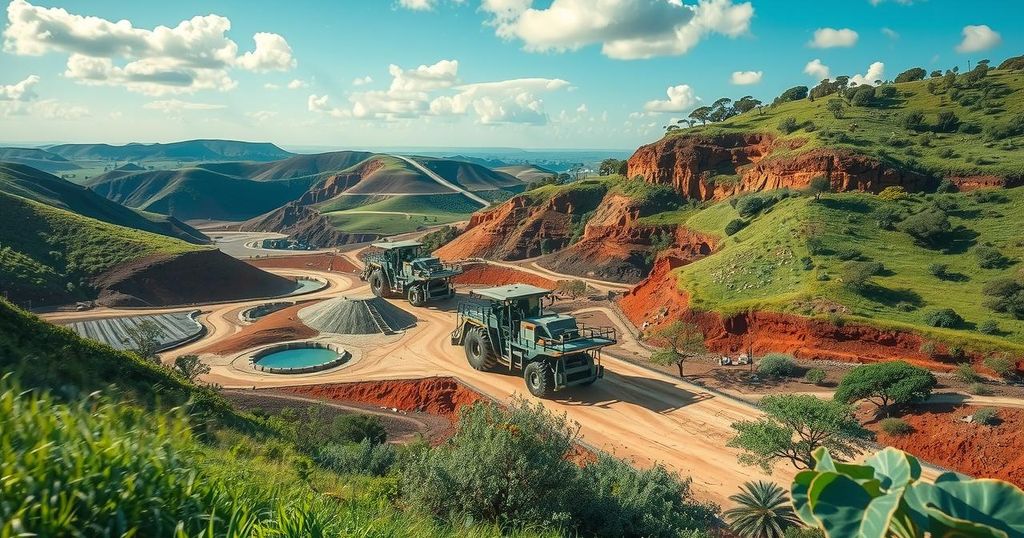 A vibrant landscape showing mining equipment amidst lithium-rich terrains in Zimbabwe's natural environment.