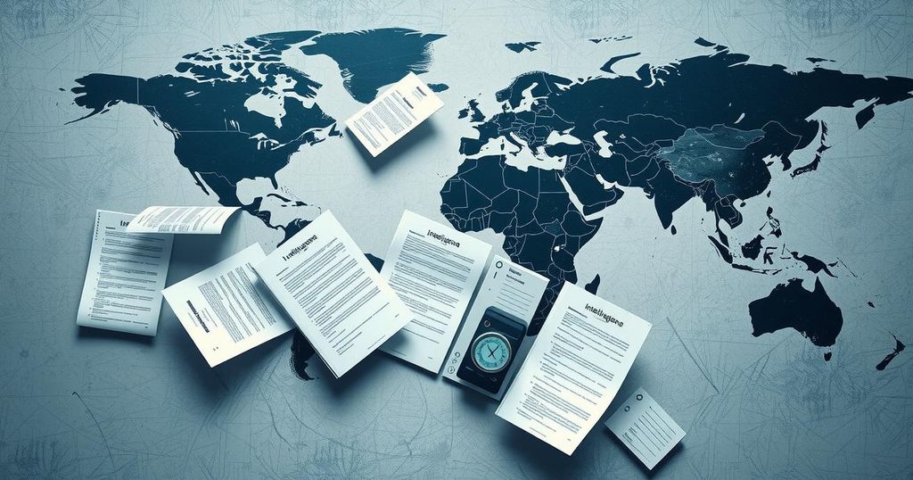 A conceptual artwork depicting intelligence documents and a map in an abstract style with a cool color scheme.