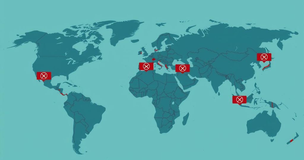 A world map with countries marked in bold, symbolizing travel restrictions, in a muted blue-green color scheme.