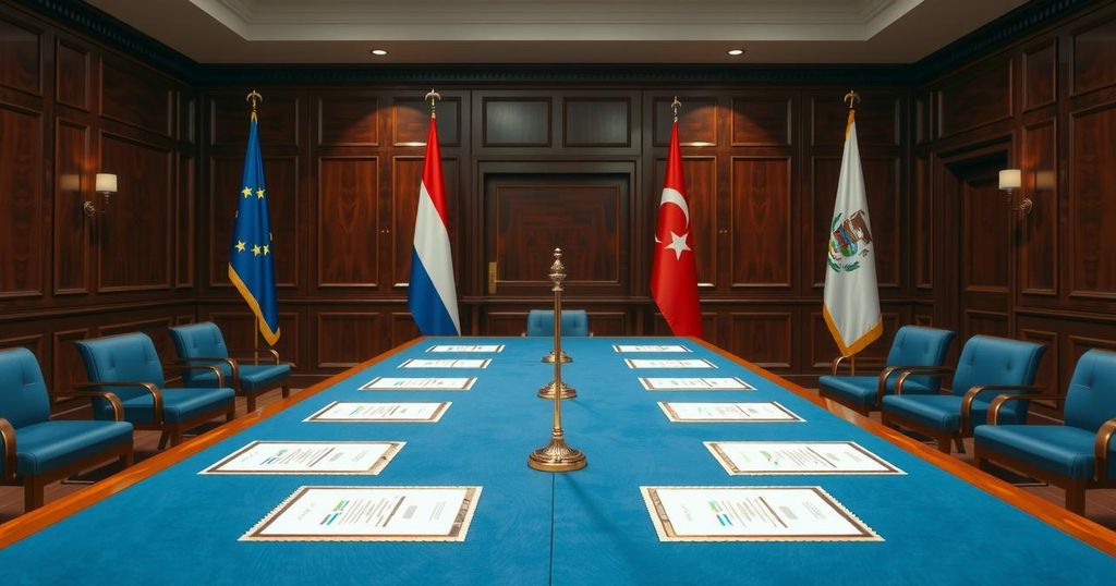 A diplomatic meeting scene with flags and documents symbolizing discussions on counterterrorism and bilateral relations.