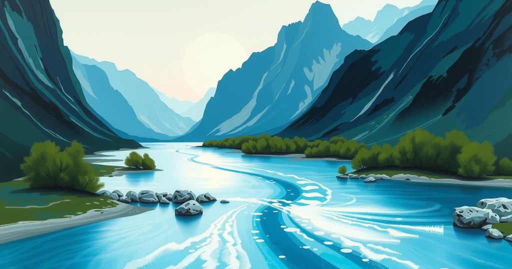 A scenic representation of a river with mountains in the background, illustrating water as a vital resource.