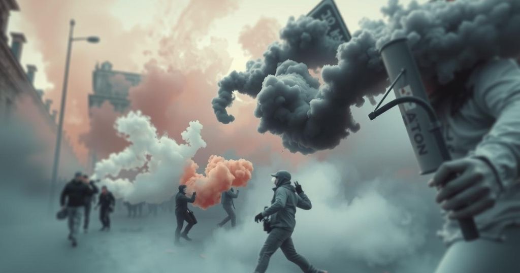 Tear gas clouds fill the air as protesters gather, showcasing tension during budget presentation.