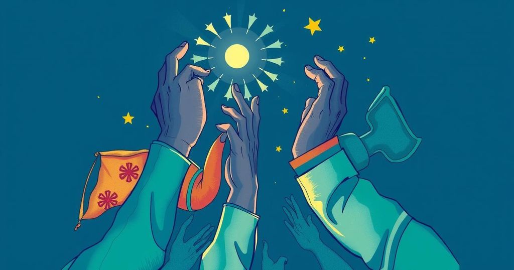 A conceptual illustration symbolizing democratic reflection, with a strong emphasis on unity and justice.