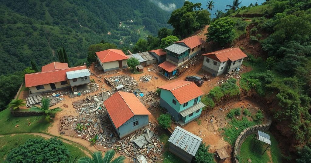 Aerial view of a mountainous region in Colombia showing landslide debris covering homes.