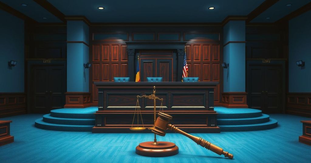A courtroom scene showcasing a judge in robes and a gavel, symbolizing justice and legal proceedings.