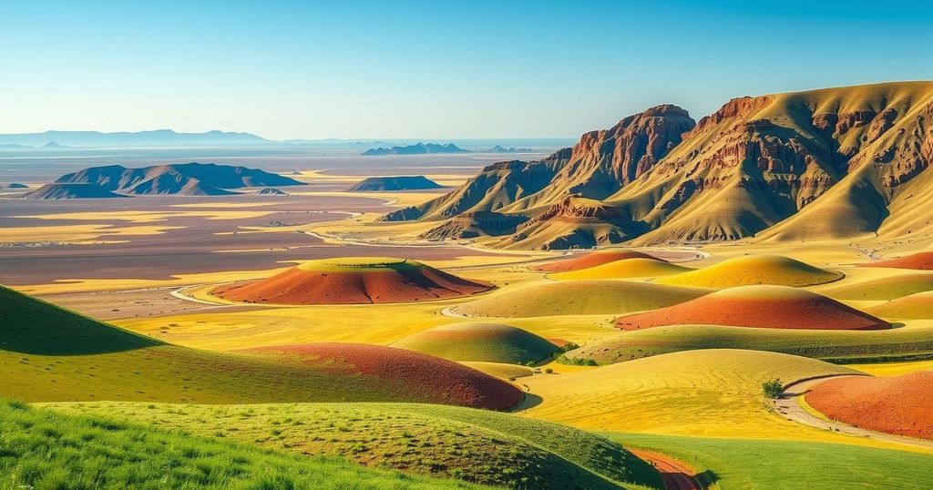 A serene landscape depicting Sudan's diverse terrains with vibrant colors, representing hope and resilience amidst turmoil.