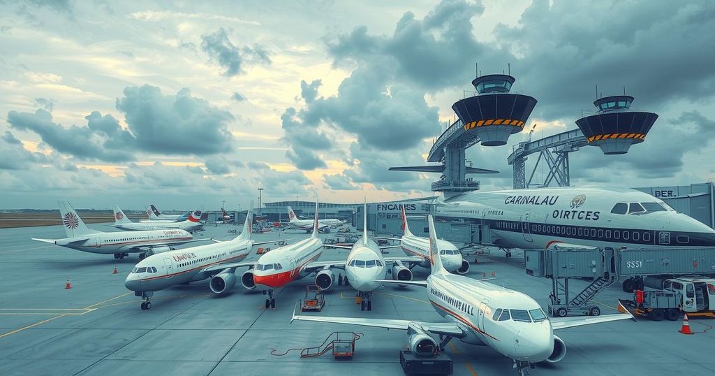 Airline operations disrupted by international conflict, with delayed flights and chaotic airport scenes.