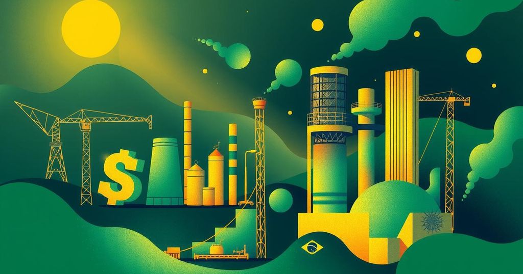 A conceptual representation of Brazil's financial landscape with abstract currency symbols and industrial imagery.