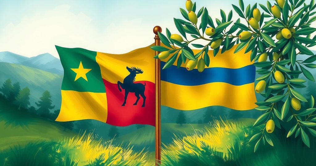 Two flags and olive branches symbolizing peace between Democratic Republic of Congo and Rwanda.