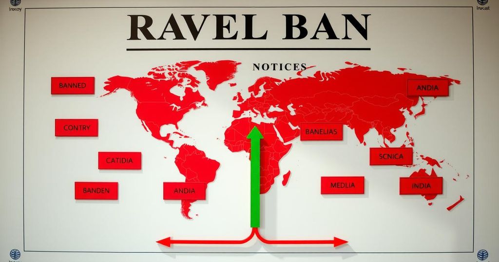 Travel ban notice board with maps of banned countries in red, highlighting a clear path for India in green.