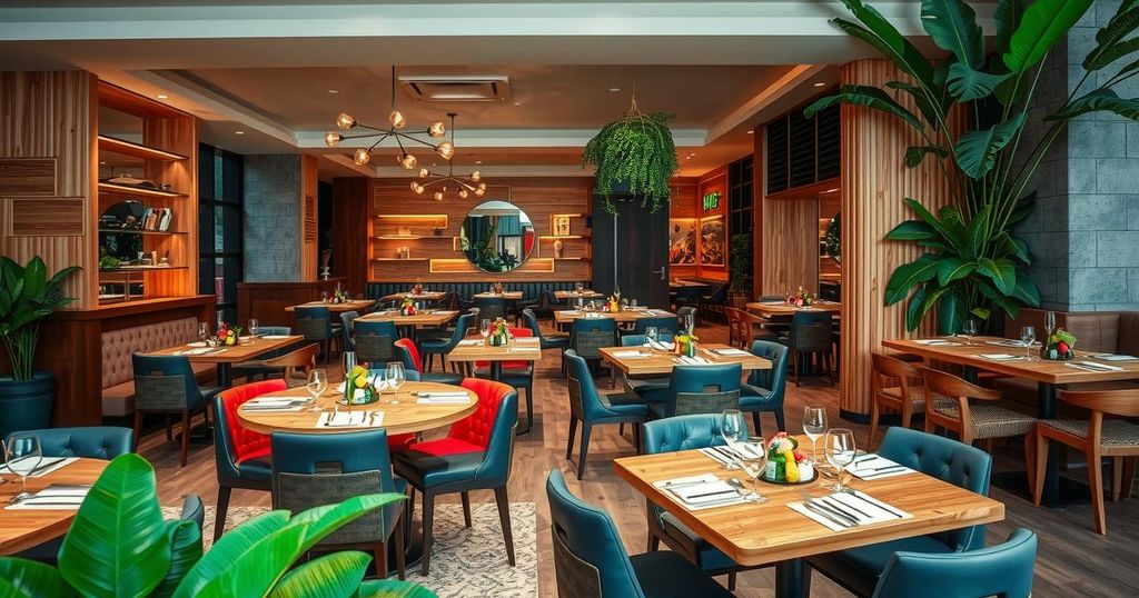 A modern dining room showcasing a fusion of Japanese and Peruvian cuisine with elegant decor and vibrant colors.