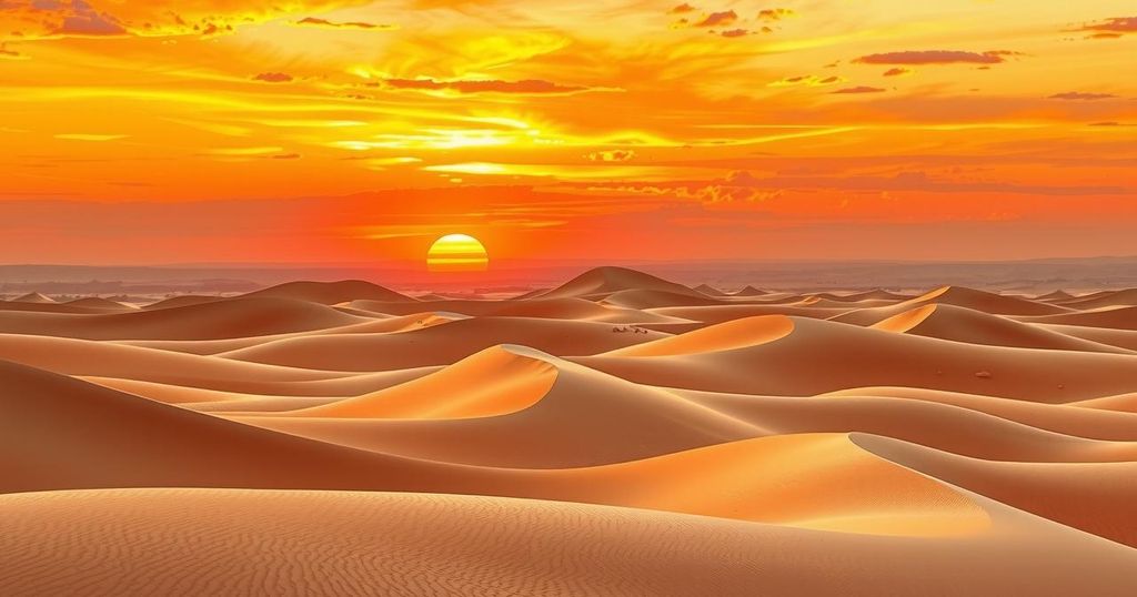 A scenic view of the Moroccan Sahara desert, showcasing rolling sand dunes at sunset with warm orange and gold hues.