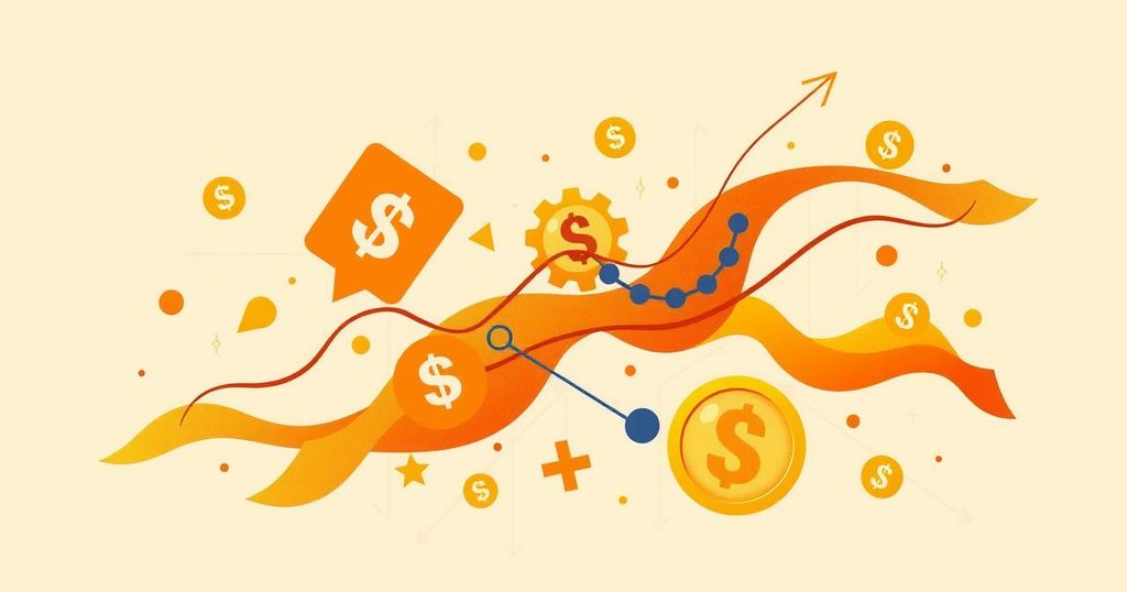 Symbolic representation of fiscal policy debate in Tanzania, featuring abstract currency symbols and financial charts in warm tones.