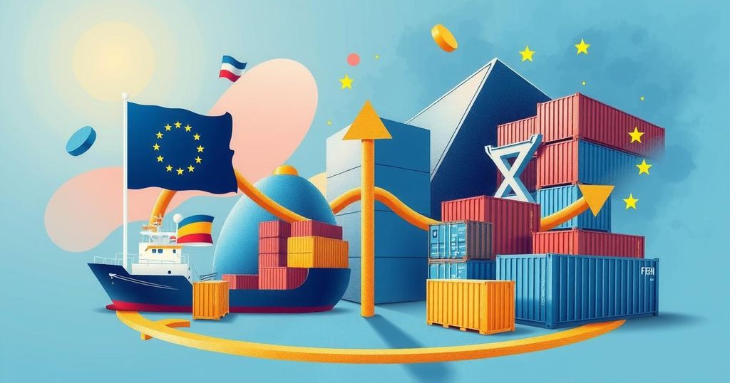 A conceptual illustration of political negotiation with a focus on trade symbols and contrasting colors, representing EU and US dynamics.